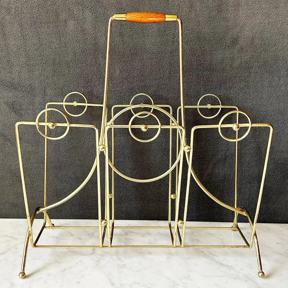 Mid Century Modern Brass Magazine Rack Wood Handle Atomic Geometric Vintage